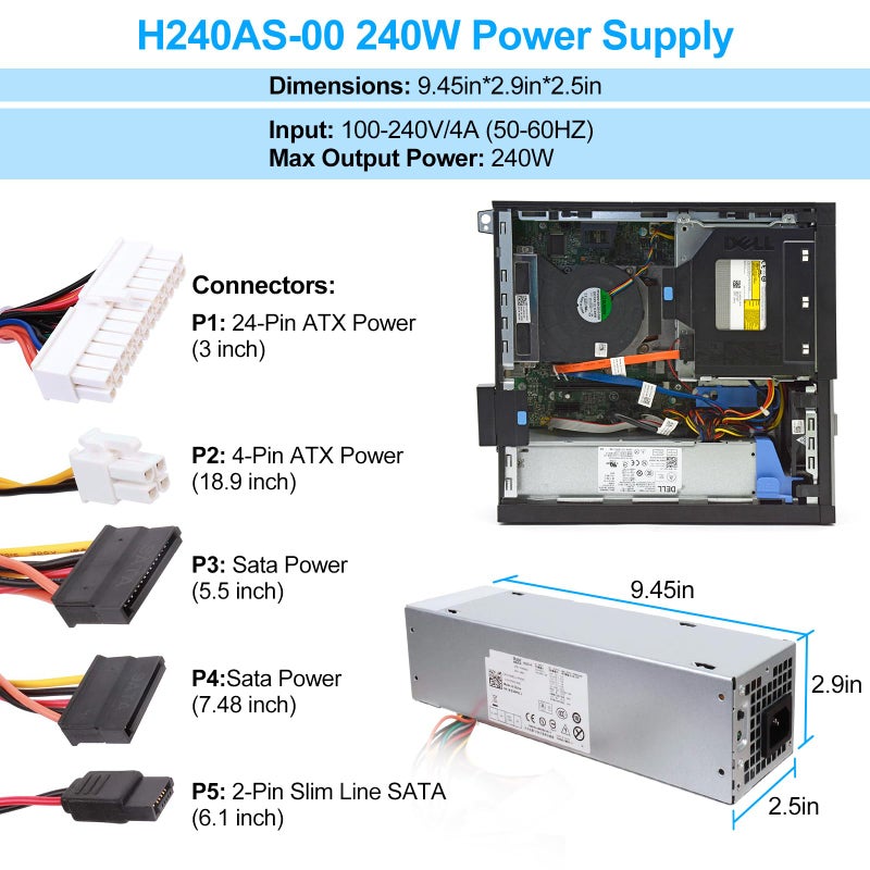 S-Union 240W Power Supply Unit Replacement for Dell OptiPlex 390 790 960 990 3010 9010 Small Form Factor System SFF H240AS-00 H240AS-01 H240ES-00 D240ES-00 AC240AS-00 AC240ES-00 L240AS-00 PH3C2 - Image 5